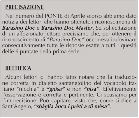 PRECISAZIONE
Nel numero del PONTE di Aprile scorso abbiamo dato notizia dei lettori che hanno ottenuto i riconoscimenti di Barasino Doc e Barasino Doc Master. Su sollecitazione di un affezionato lettore precisiamo che, per ottenere il riconoscimento di “Barasino Doc” occorreva indovinare consecutivamente tutte le risposte esatte a tutti i quesiti delle 6 puntate della prima serie.
RETTIFICA
Alcuni lettori ci hanno fatto notare che la traduzione corretta in dialetto santangiolino del vocabolo italiano “nicchia” è “gnìsa” e non “nìsa”. Effettivamente l’osservazione è corretta e pertinente. Ci scusiamo per l’imprecisione. Può capitare, visto che, come si dice a Sant’Angelo, “sbàglia ànca i prèti a dì mèsa”.