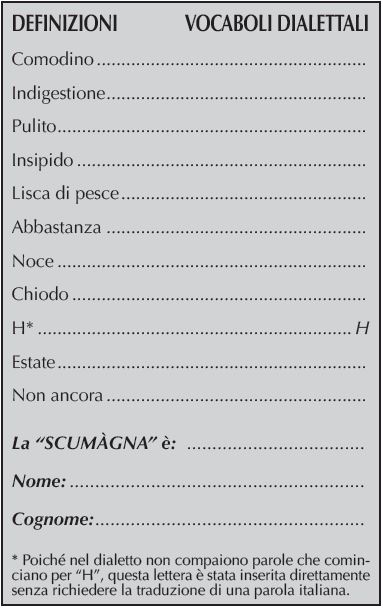 DEFINIZIONI	    VOCABOLI DIALETTALI
Comodino
Indigestione
Pulito
Insipido
Lisca di pesce
Abbastanza
Noce
Chiodo
H*
Estate
Non ancora
La “SCUMÀGNA” è:
Nome:
Cognome:
* Poiché nel dialetto non compaiono parole che cominciano
per “H”, questa lettera è stata inserita direttamente
senza richiedere la traduzione di una parola italiana.