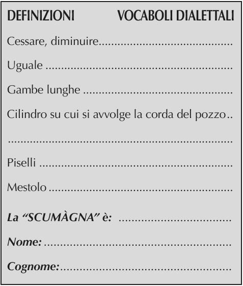 DEFINIZIONI	    VOCABOLI DIALETTALI
essare, diminuire	
Uguale	
Gambe lunghe	
Cilindro su cui si avvolge la corda del pozzo	
	
Piselli	
Mestolo	
La “SCUMÀGNA” è:
Nome:
Cognome: