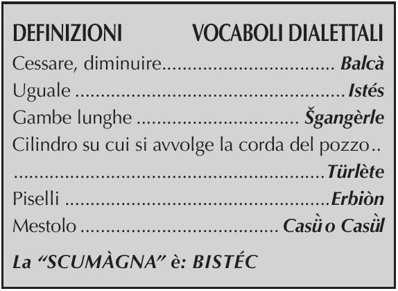 DEFINIZIONI VOCABOLI DIALETTALI
Cessare, diminuire Balcà
Uguale Istés
Gambe lunghe Šgangèrle
Cilindro su cui si avvolge la corda del pozzo Türlète
Piselli Erbiòn
Mestolo Casü` o Casü`l
La “SCUMÀGNA” è: BISTÉC