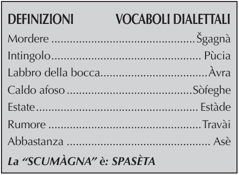 DEFINIZIONI VOCABOLI DIALETTALI
DEFINIZIONI VOCABOLI DIALETTALI
Mordere................................................Šgagnà
Intingolo.................................................. Pùcia
Labbro della bocca....................................Àvra
Caldo afoso..........................................Sòfeghe
Estate...................................................... Estàde
Rumore...................................................Travài
Abbastanza................................................ Asè
La “SCUMÀGNA” è: SPASÈTA