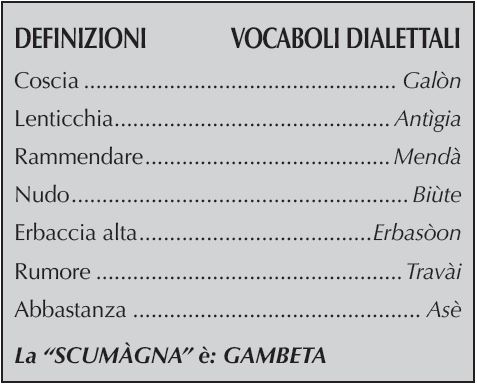 DEFINIZIONI	    VOCABOLI DIALETTALI
Coscia	Galòn
Lenticchia	Antìgia
Rammendare	Mendà
Nudo	Biùte
Erbaccia alta	Erbasòon
Rumore	Travài
Abbastanza	Asè

La “SCUMÀGNA” è: GAMBETA 