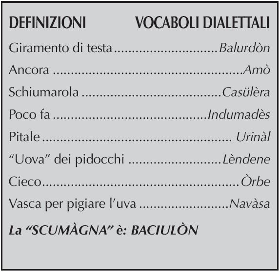 DEFINIZIONI VOCABOLI DIALETTALI
Giramento di testa	Balurdòn 
Ancora	Amò
Schiumarola	Casülèra
Poco fa	Indumadès
Pitale	Urinàl
“Uova” dei pidocchi	Lèndene
Cieco	Òrbe
Vasca per pigiare l’uva	Navàsa
La “SCUMÀGNA” è: BACIULÒN