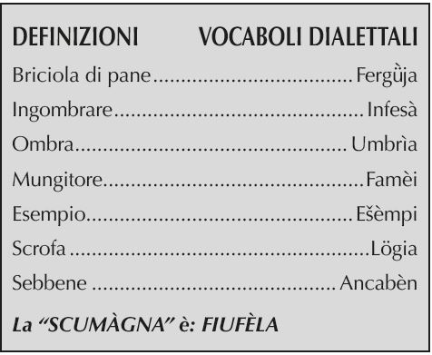 DEFINIZIONI VOCABOLI DIALETTALI
Briciola di pane, Fergü`ja,
Ingombrare,Infesà,
Ombra, Umbrìa,
Mungitore, Famèi,
Esempio, Ešèmpi,
Scrofa, Lögia,
Sebbene, Ancabèn.
La “SCUMÀGNA” è: FIUFÈLA